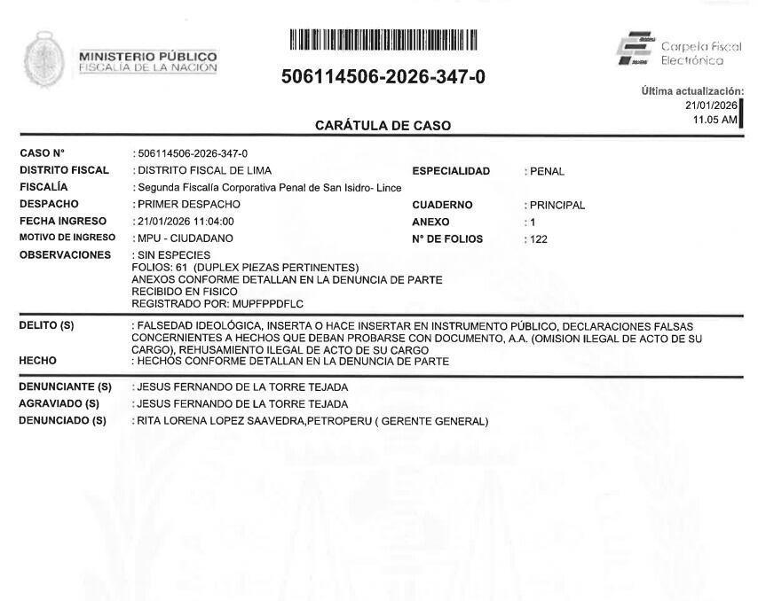 El proceso fiscal, identificado con el expediente 506114506-2026-347-0, recopila pruebas como registros de visitas, comunicaciones y documentos administrativos sobre el caso en Petroperú.