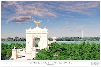 Imagen digital de un arco triunfal blanco con detalles dorados y estatuas de águilas. Se ven árboles, un río y el Monumento a Washington al fondo