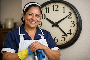 Una mujer mexicana sonriente con uniforme de trabajadora del hogar, guantes amarillos y un paño azul. Detrás, un gran reloj de pared oscuro muestra las 4:50.