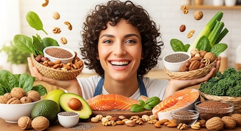Mujer con cabello rizado sonríe mientras sostiene cestas con espinacas, semillas y frutos secos. Salmón, aguacate, kale y nueces se ven en primer plano sobre una mesa.