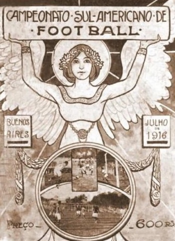Un afiche brasilero anuncia el Sudamericano en Buenos Aires: jugaron Argentina, Brasil, Chile y Uruguay, que fue campeón.