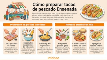 Infografía con ilustraciones de seis pasos para preparar tacos de pescado y el logotipo de Infobae en la parte inferior.