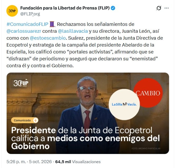 El comunicado por parte de la Flip se emitió la tarde del lunes 5 de octubre de 2026 vía X - crédito @FLIP_org/X