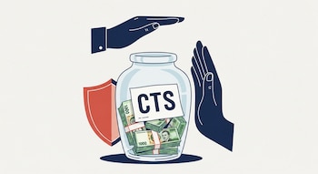 Ilustración plana de una urna de cristal con billetes peruanos y la sigla CTS, rodeada por dos manos azules protectoras y un escudo rojo, sobre fondo claro.