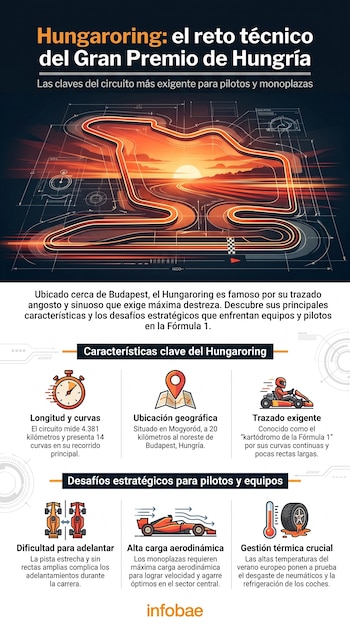 Infografía del circuito Hungaroring con diseño de pista en tonos naranja y azul, iconos de cronómetro, ubicación, monoplazas, neumático con termómetro y texto.