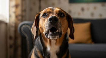 Primer plano de un perro de pelaje marrón y negro con la boca ligeramente abierta como si tosiera, con un fondo desenfocado de una sala de estar doméstica.