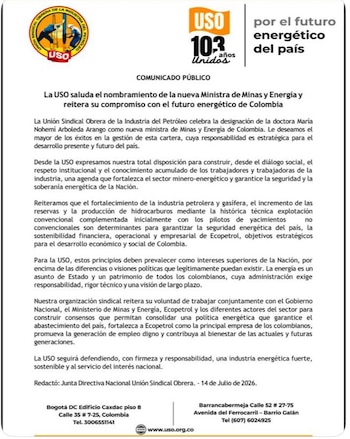 La USO ratificó su disposición a trabajar con el Gobierno en una agenda para fortalecer el sector minero-energético de Colombia - crédito USO/X