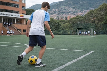 Un estudiante adolescente con camiseta blanca y azul golpea un balón amarillo de fútbol en un campo de césped artificial frente al Colegio de Medellín y montañas.