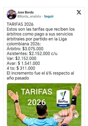 El ex árbitro profesional y actual analista arbitral, José Borda, expone los salarios de los jueces de fútbol en Colombia - @borda__analista/X