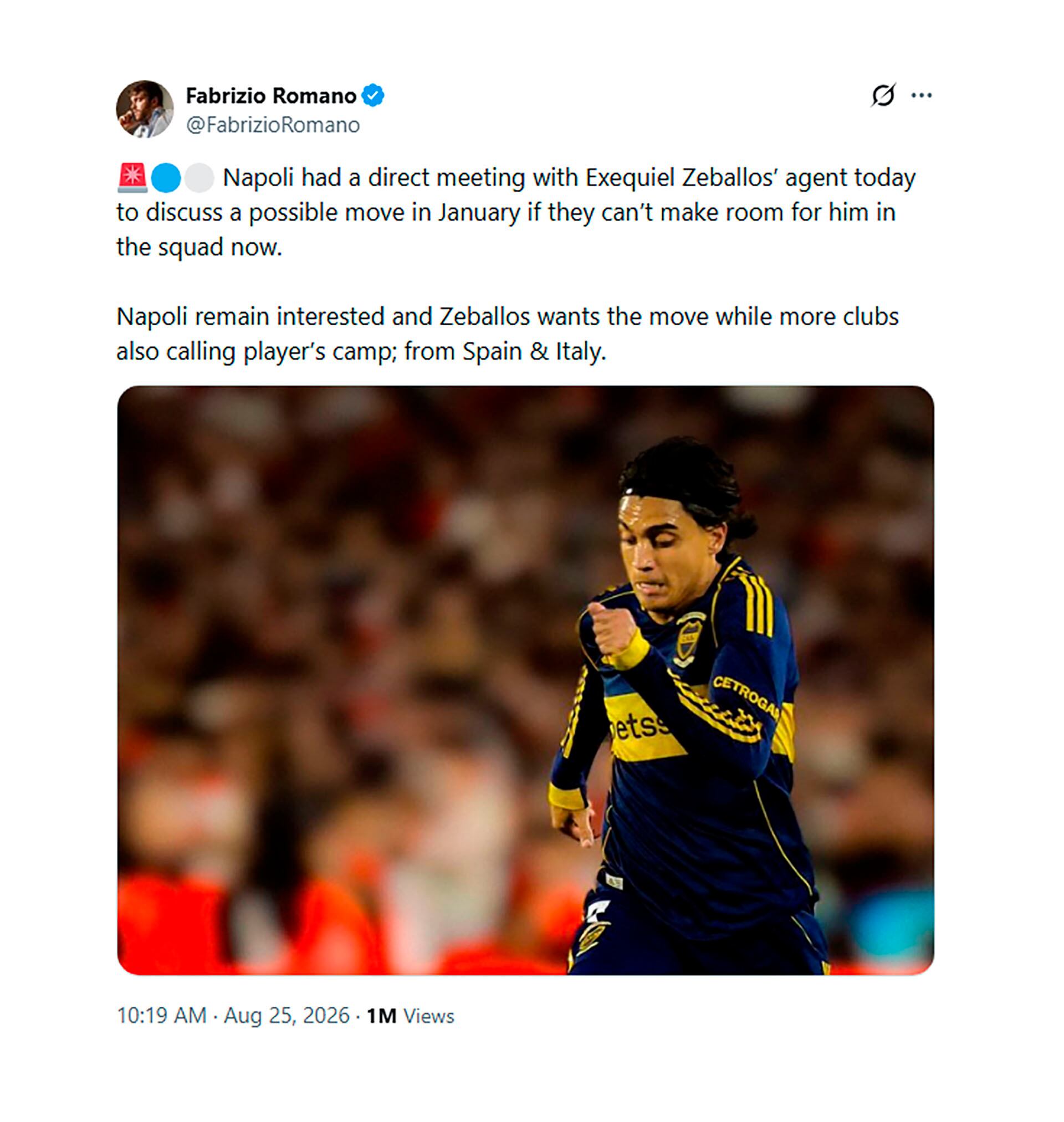 Una publicación del periodista Fabrizio Romano informa sobre negociaciones entre el Napoli y el entorno del futbolista Exequiel Zeballos para una transferencia.
