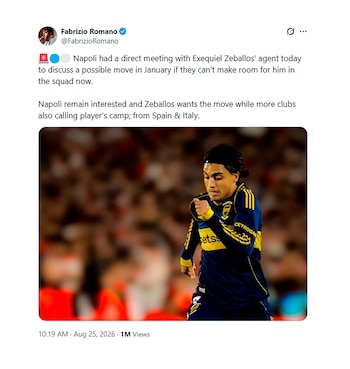 Captura de una publicación en red social con texto en inglés y la foto de Exequiel Zeballos corriendo con la camiseta de Boca Juniors