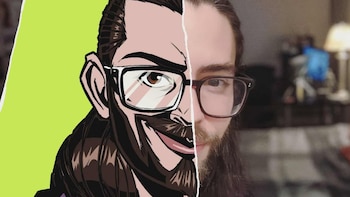 Retrato de un hombre dividido verticalmente, mostrando su rostro en fotografía en la mitad derecha y en estilo dibujo animado en la mitad izquierda