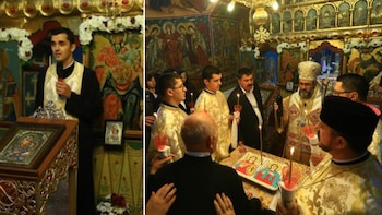 Constantin Cataramă como sacerdote durante la celebración del santo patrón en la iglesia parroquial de los Santos Príncipes en Râmnicu Sărat (Archidiócesis de Buzău y Vrancea)