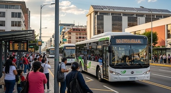 Una calle urbana con personas en una parada de autobús, dos buses blancos y verdes, y edificios al fondo, uno con paneles solares.