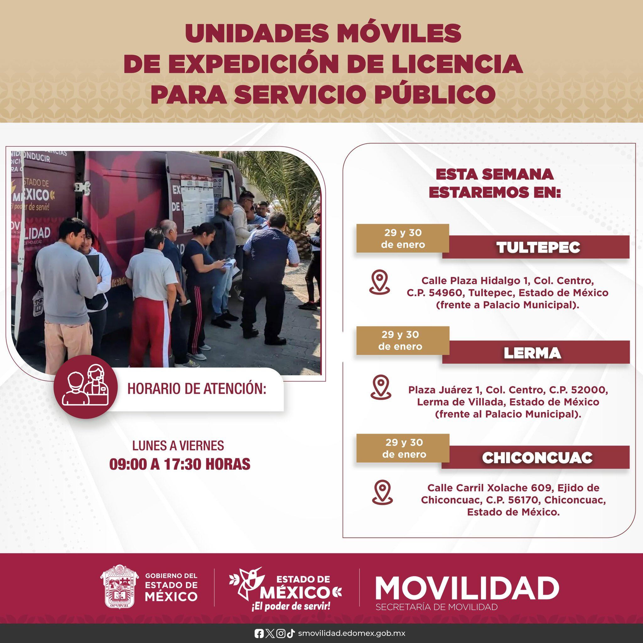 La Semov dio a conocer las ubicaciones de las unidades móviles que brindarán atención esta semana para que los mexiquenses puedan tramitar su licencia de conducir. (X@SEMOV_Edomex)