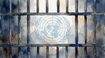 Rejas de prisión en tonos oscuros superpuestas al logotipo azul de Naciones Unidas sobre un fondo en acuarela.