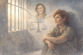 Ilustración de Abencia Meza sentada en una celda, mirando la luz a través de barrotes. Sombras de una balanza de la justicia y Alicia Delgado se proyectan en la pared.