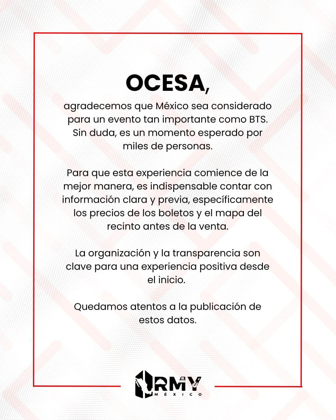 El club de fans oficial de BTS pidió revelar el mapa y el precio de los boletos antes de la preventa. (TW BTS ARMY México)