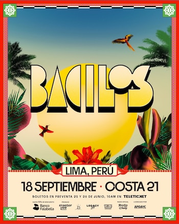 Cartel promocional con el nombre Bacilos, un sol amarillo, palmeras, aves tropicales, flores, hojas y la información del concierto en Lima, Perú
