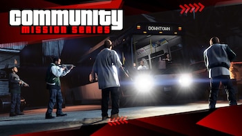 Cuatro hombres armados junto a un autobús con las luces encendidas y el título de texto Community Mission Series arriba a la izquierda