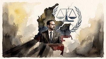 Ilustración en acuarela de Abelardo de la Espriella en traje, la silueta de Colombia dividida y el logotipo de la Corte Penal Internacional.