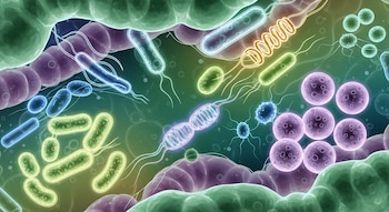 Ilustración artística de bacterias de diversas formas y colores vibrantes, algunas con flagelos, sobre un fondo abstracto y bioluminiscente.