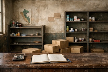 Un mostrador de madera con calculadora, libreta de contabilidad abierta y bolígrafo; estanterías con pocos productos, cajas de cartón apiladas y un mapa de Perú en la pared.
