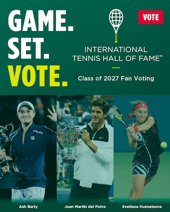 Cartel con texto en inglés y fotografías de los tenistas Ash Barty, Juan Martín del Potro y Svetlana Kuznetsova sobre fondo verde