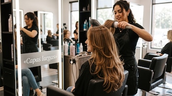 Una estilista peina con un secador y un cepillo cilíndrico a una mujer sentada frente a un espejo en una peluquería.