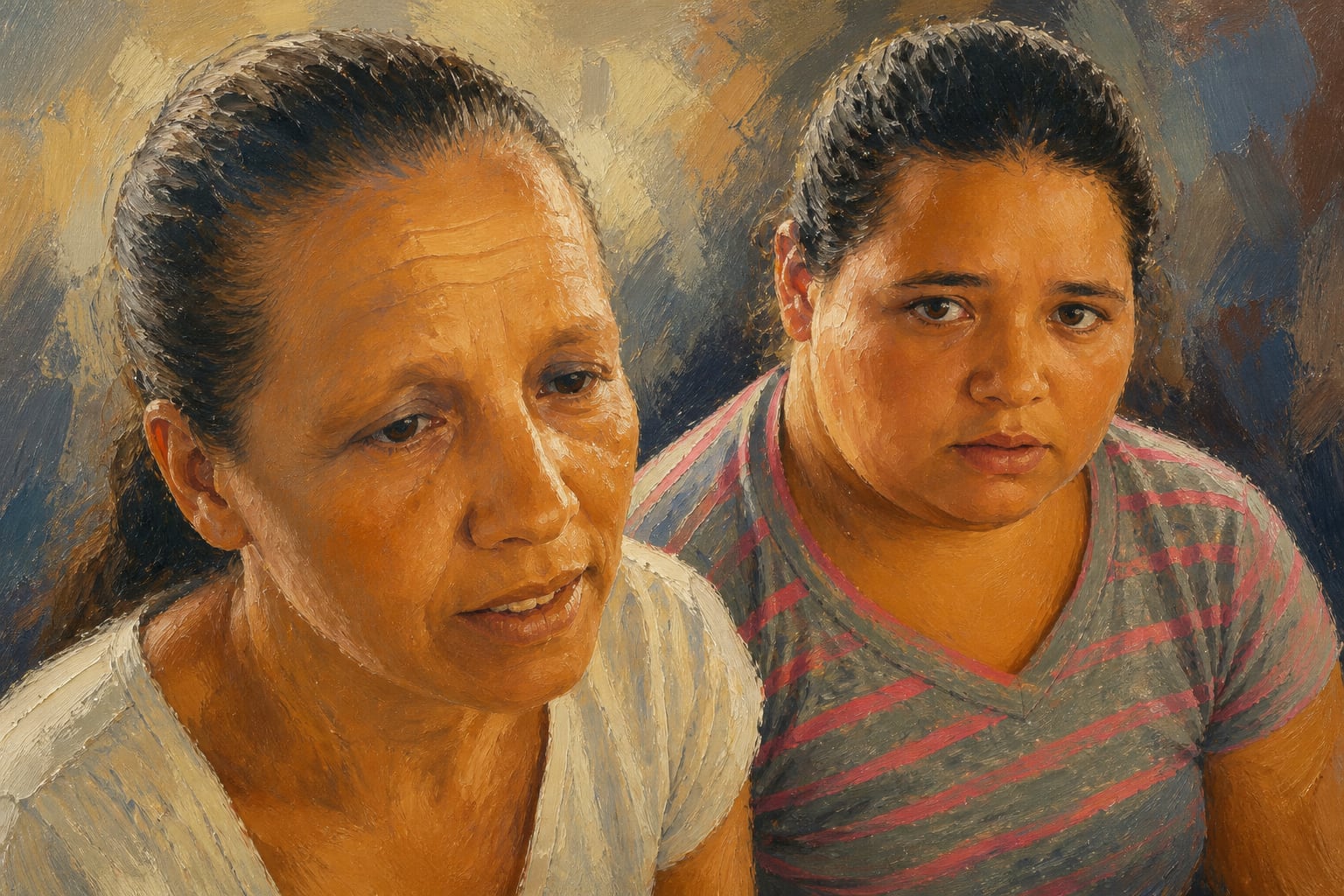 Un retrato al óleo representa a una madre y su hija sobre un fondo neutro de pinceladas visibles. (Imagen Ilustrativa Infobae)