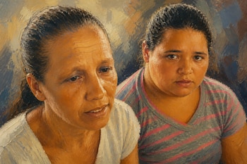 Pintura al óleo de dos mujeres, una con blusa blanca y otra con camiseta de rayas rosas y grises.