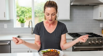 Una mujer en una cocina moderna mira hacia abajo un plato de carne de res con vegetales, mostrando sarpullido rojo en el cuello y ambos antebrazos.