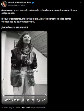 María Fernanda Cabal rechazó bloqueos y ataques en manifestaciones - crédito @MariaFdaCabal/X