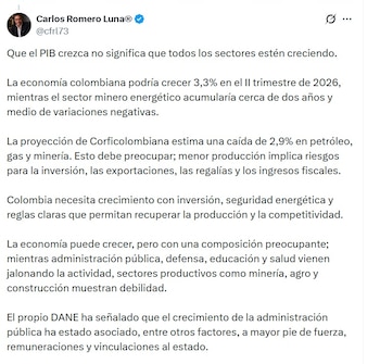 Carlos Romero Luna, analista económico, dijo que "la economía puede crecer, pero con una composición preocupante" - crédito @cfrl73/X