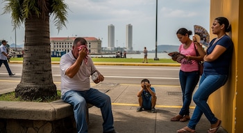 Un hombre se seca el rostro con un pañuelo, un niño se cubre la cara con las manos y dos mujeres se abanican en una calle. Al fondo se ven edificios.