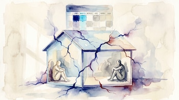 Acuarela de una casa simple con grietas azules y violetas. Dos figuras humanas estilizadas se sientan en lados opuestos. Un calendario resaltando lunes y martes flota arriba.