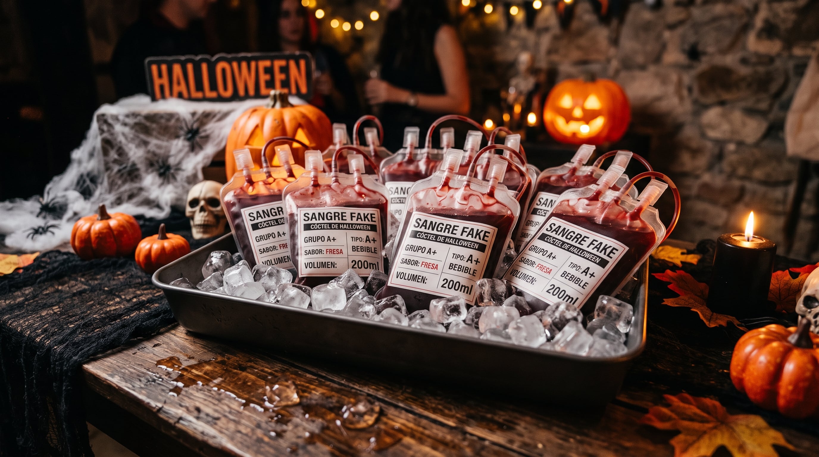 Varias bolsas con líquido rojo que simula sangre reposan sobre cubos de hielo en una mesa decorada con calabazas y calaveras para una celebración de Halloween. (Imagen Ilustrativa Infobae)
