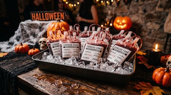 Bolsas de plástico con líquido rojo y etiquetas de transfusión médica sobre hielo en una bandeja de metal, rodeadas por calabazas y calaveras.
