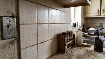 Azulejos blancos sucios, un interruptor con manchas, un especiero de madera, un frasco de detergente y un fregadero al fondo.