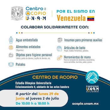 Infografía del Centro de Acopio UNAM para Venezuela. Contiene logo UNAM, bandera Venezuela, lista con siete tipos de donaciones, ubicación y fechas de recolección