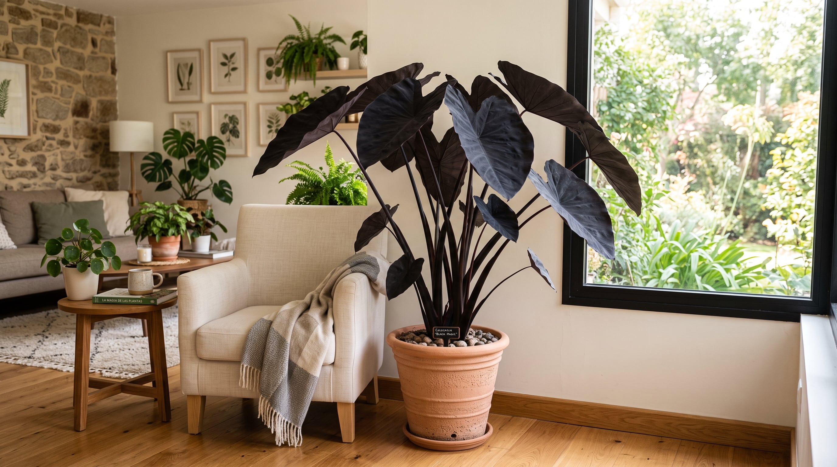 Una planta oreja de elefante negra de la variedad Colocasia esculenta Black Magic decora la sala de estar de una vivienda junto a una ventana. (Imagen Ilustrativa Infobae)