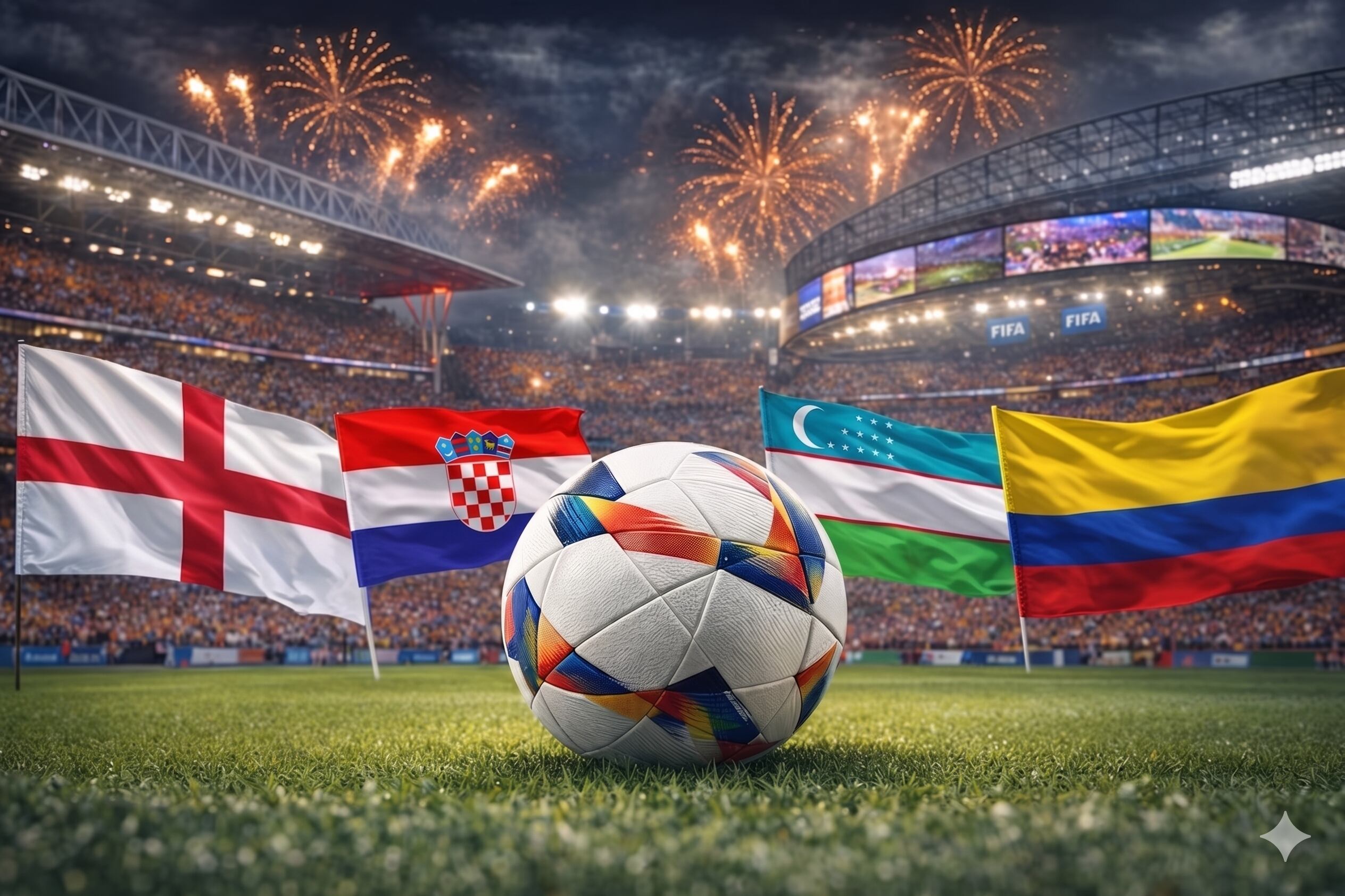 El balón oficial del Mundial 2026 reposa en el césped, flanqueado por banderas de Canadá vs. Bosnia y Herzegovina y Estados Unidos vs. Paraguay, ante estadios iluminados con fuegos artificiales en una noche inaugural - crédito VisualesIA