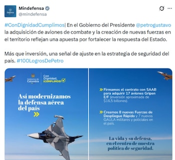 El Ministerio de Defensa anunció la compra de aviones de combate Gripen E/F y la creación de nuevas fuerzas de despliegue, con el objetivo de modernizar la defensa aérea y fortalecer la capacidad operativa en el territorio nacional - crédito @mindefensa/ X