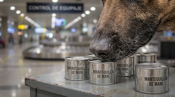 Hocico de un perro sobre latas metálicas con el texto mantequilla de maní en una zona de control de equipaje de un aeropuerto.