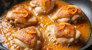 Primer plano de presas de pollo dorándose en una sartén con salsa de naranja burbujeante y ralladura de cáscara de naranja.