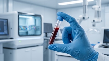 Mano con guante azul sostiene tubo de ensayo con muestra de sangre y partículas. Fondo con equipo de laboratorio y secuenciador de ADN.