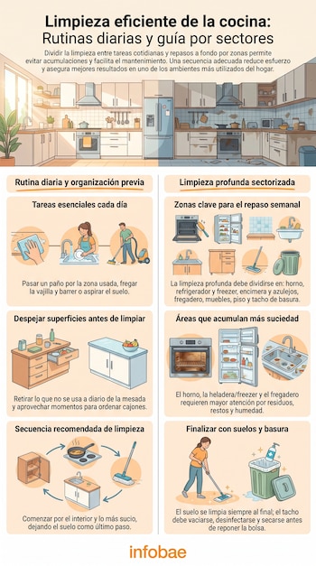 Infografía con ilustraciones sobre la limpieza de la cocina, organizada en paneles explicativos y con el logotipo de Infobae en la base.