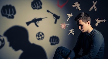 Joven sentado solo en una habitación oscura, mirando hacia abajo. Sombras de puños, armas y símbolos digitales distorsionados se proyectan en la pared a su alrededor.