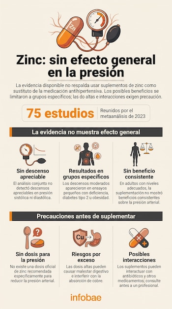 Infografía con ilustraciones de una cápsula con el símbolo Zn, un tensiómetro y bloques de texto organizados en columnas.