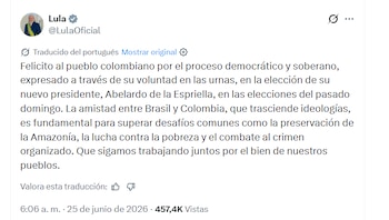 Lula da Silva felicitó al pueblo colombiano por el proceso democrático y expresó su interés en continuar fortaleciendo la cooperación bilateral con Colombia - crédito @LulaOficial/X